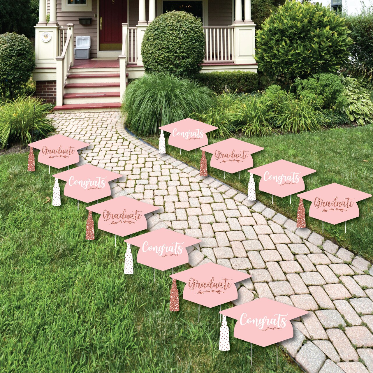 Big Dot of Happiness Rose Gold Graduation Lawn Decorations - 10 Piece